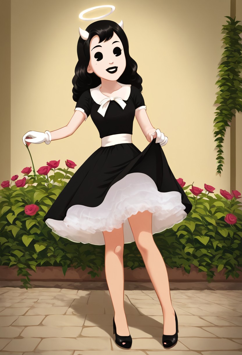 (Masterpiece, best quality:1.2), score_9, score_8_up, flat color, flat shading, soft shading, lighting, Alice Angel in a long 1950's dress, a fluffy frilly ruffled full petticoat, and high heels, dress, layered petticoat, frilly petticoat, fluffy petticoat, full petticoat, wide dress, flowing dress, solid colored skirt, short sleeves, black hair, Bendy and The Ink Machine, series accurate, cute, best high quality, high res, black lips, white colored skin, whole body shot, 1girl, solo, outside, posing, in a garden, cute, adorable, smile, skirt tug, ground level angle, dress lift, cartoon, cartoon style, vector, solo, circle dress, 1950s, alice angel