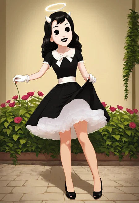 (Masterpiece, best quality:1.2), score_9, score_8_up, flat color, flat shading, soft shading, lighting, Alice Angel in a long 1950's dress, a fluffy frilly ruffled full petticoat, and high heels, dress, layered petticoat, frilly petticoat, fluffy petticoat, full petticoat, wide dress, flowing dress, solid colored skirt, short sleeves, black hair, Bendy and The Ink Machine, series accurate, cute, best high quality, high res, black lips, white colored skin, whole body shot, 1girl, solo, outside, posing, in a garden, cute, adorable, smile, skirt tug, ground level angle, dress lift, cartoon, cartoon style, vector, solo, circle dress, 1950s, alice angel