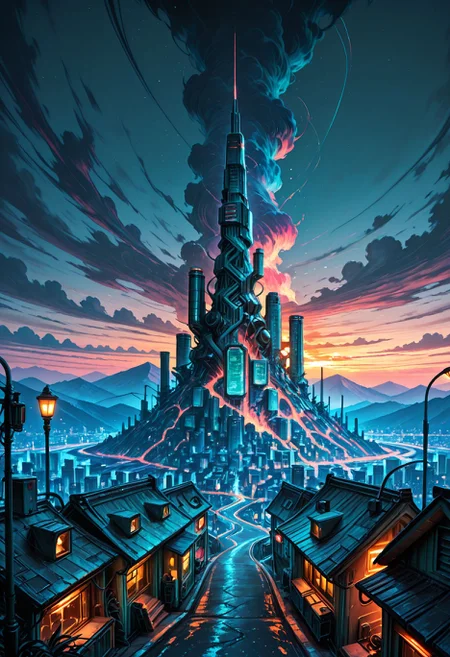 SmoothNoob_Quality, science fiction, no humans, HDR, cyberpunk, mountainous horizon, neon lights, cityscape, skyscrapers, landscape, twilight, very intricate, scenery, very detailed, sharp, bright, colorful, industrial, houses, tall buildings, pollution, street, lamppost,
