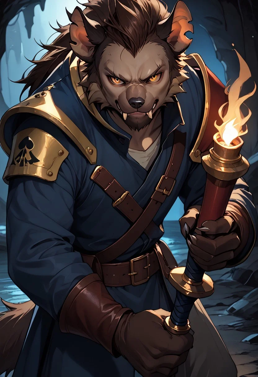 score_8_up, score_7_up, calmstyle, csr style,
BREAK,
gnoll, hyena, brown hair, solo, 1boy, pirate cave, standing, dungeon, dark, shadows, night, torch light, claws, tail, notched ear, close up, leather armor, looking at viewer, (closed mouth, blank expression:1.2), , bottom fangs, holding sword in hand