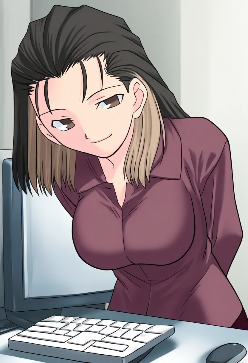 masterpiece, best quality, <lora:Tsukihime NXL:1>,solo,masterpiece, best quality, 
1girl, female focus, large breasts,  solo, brown eyes, thin brown streaks in hair, black hair, thin blonde streaks in hair, multi-colored hair, medium hair,wavy hair, hair part, side part, hair slicked back, small mouth, short nose, small nose, cute face, soft hair,
indoor, office, head tilt, hands behind back, leaning forward, quarter view,  innocent smile, comforting feeling, 
computer,