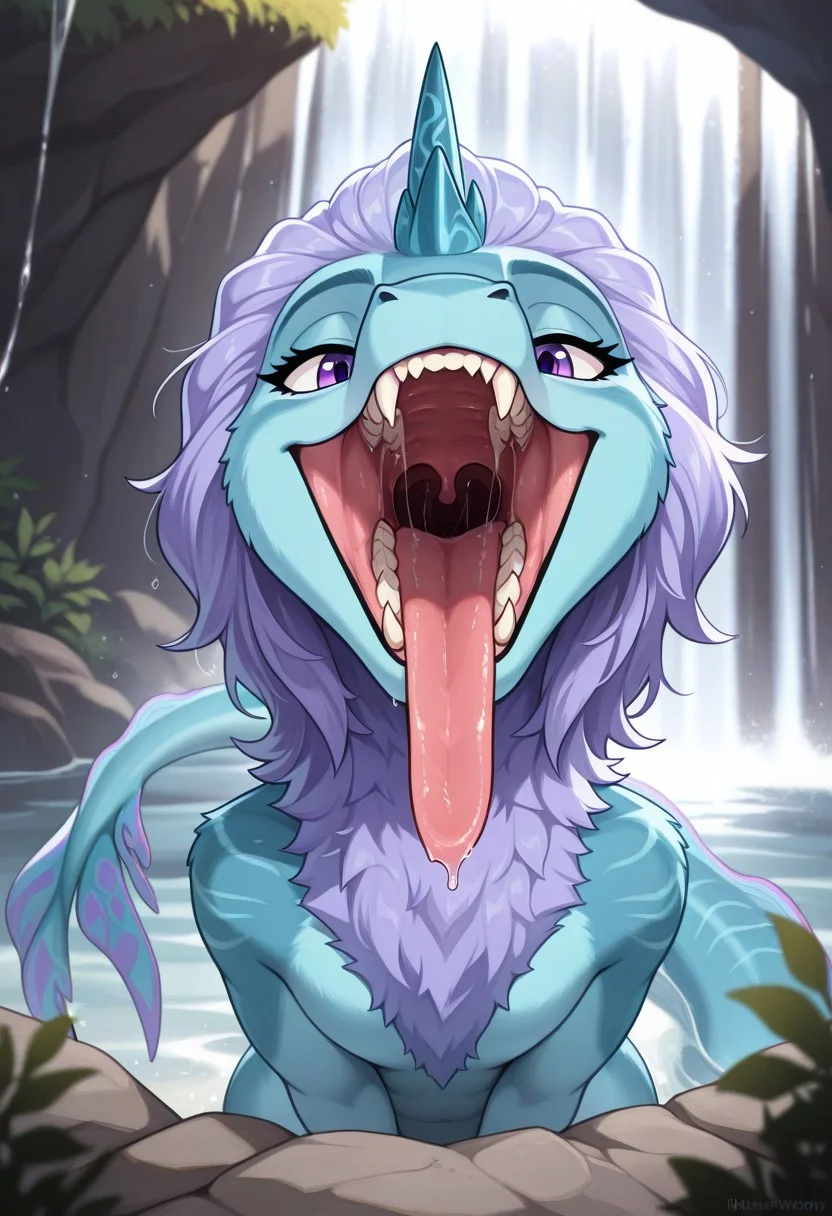 sisu_ratld dragon, tail, claws, double horn, blueish purple hair, blue fur, back dorsal fins, purple eyes, 1girl, long body, feral, v_mawshot, solo, bodily fluids, saliva, teeth, tongue out, looking at viewer, saliva string, waterfall, uvula, depth of field, detailed background, masterpiece, best quality, high quality, absurdres, highres, incredibly absurdres, newest, amazing quality, asteroid in the atmosphere