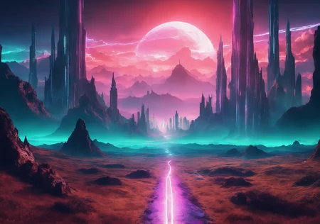 sci-fi and lord of the rings mix style, beautiful landcape with distant cyberpunk neon cities, Rich vibrant colors, wholesome, (masterpiece), (realistic), award winning, cinematic lighting, RAW photo, (film grain),  wallpaper, ray tracing, 8k