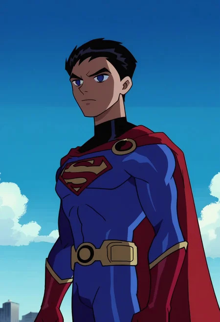 score_9_up, score_8_up, score_7_up, source_anime, anime screencap, portrait, close up of Superman,1man,solo,male focus, black hair, short hair, blue eyes,no pupils,blue bodysuit,red cape, red trunks, yellow belt, red boots, flat color, outdoors, night, blue_background, 1990s_\(style\), closed_mouth, silhouette, dark