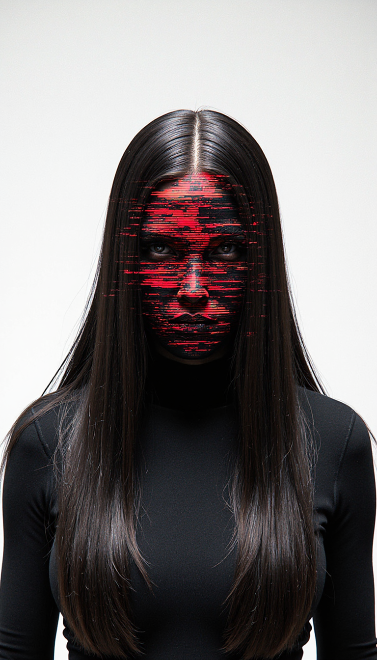 A photorealistic image featuring a mysterious figure with long, dark hair concealing the face, against a pure white background. The subject's hair is a glossy, obsidian black, falling in smooth, straight strands that completely obscure any facial features. A dramatic digital glitch effect, rendered with vivid red and deep black lines and patterns, is superimposed over the face, giving the impression of data corruption or a visual error. The lighting is bright and even, casting soft shadows and highlighting the sleek texture of the hair and the sharp edges of the glitch. The background is a seamless white expanse, emphasizing the figure and the glitch effect. The shot is a close-up, frontal perspective, focusing on the upper body and capturing the intricate details of the digital distortion. The texture is hyper-realistic, with a focus on the smoothness of the hair and the jagged edges of the glitch. The composition is symmetrical, creating a sense of balance and order, while the glitch effect adds a layer of chaos and intrigue. The overall mood is modern and enigmatic, blending realistic textures with a striking digital intervention.