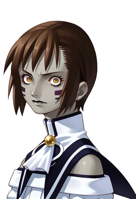 score_8, score_8_up, score_7_up, source_anime, BREAK kanekostyle, lipstick, eye shadow, eyelashes, 1girl, female focus, solo, Natsumi_SN1, Facial Mark, gray skin, constricted pupils, yellow eyes, brown hair, short hair, bangs, sidelocks, short hair with long locks, capelet, neck bell, ascot, off-shoulder shirt, bare shoulders, juliet sleeves, long sleeves, sleeve cuffs, circle skirt, fold-over boots, thigh boots, zettai ryouiki, simple background, white background