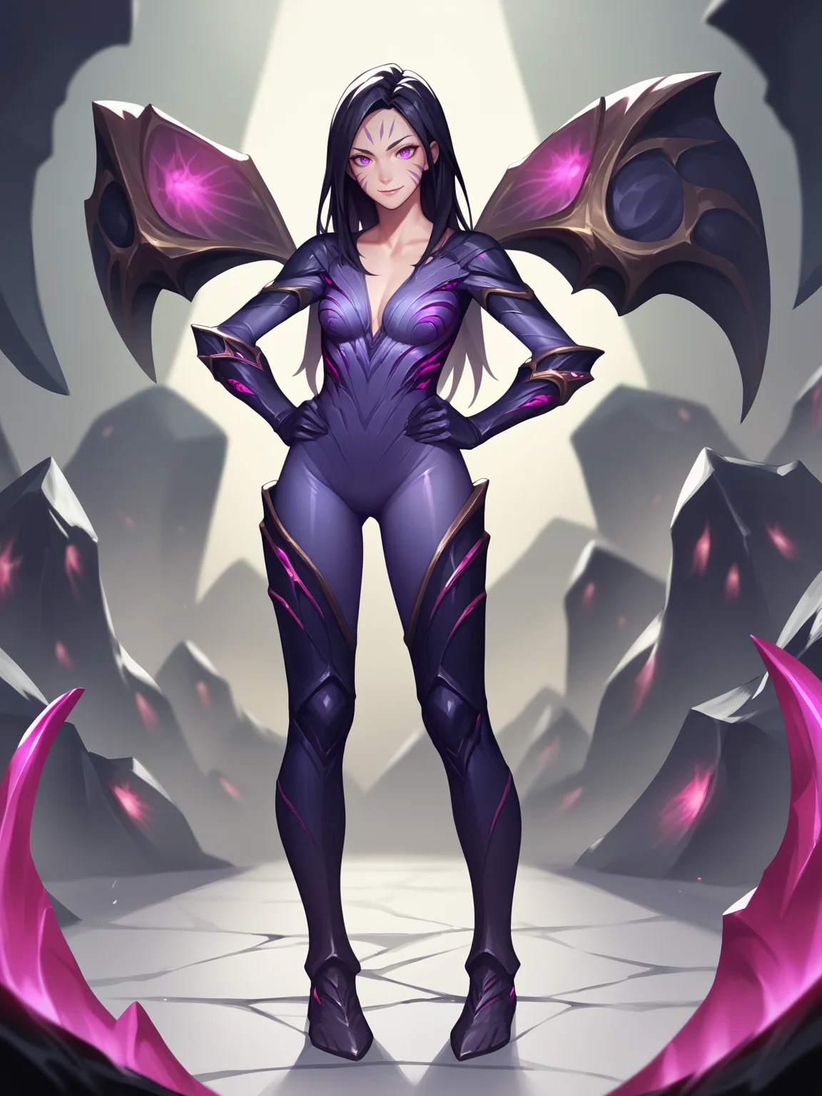 score_9, score_8_up, score_7_up, score_6_up, score_5_up, score_4_up, BREAK, source_anime,
1girl, kaisa, black hair, long hair, purple eyes, facial mark, bodysuit,
hands on hips, smile, standing, full body, looking at viewer, solo, otherworld, flesh wall, darkness corruption, darkness background <lora:KaisaXL:1>