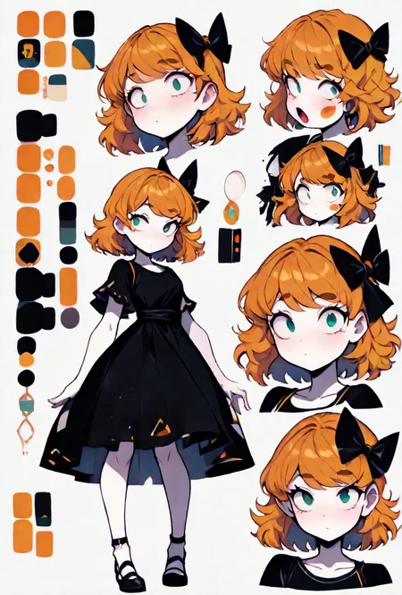<lora:derpina-10:1> derpina, 1girl, short hair, hair bow, medium hair, orange hair, black dress, , white skin  <lora:CharacterDesignIllustrious_Concept:1> CharacterDesignIllustrious, , , reference sheet, simple white background, (color guide:1.2), (multiple views), (full body), dynamic pose, masterpiece, best quality, amazing quality, very aesthetic, absurdres, newest,