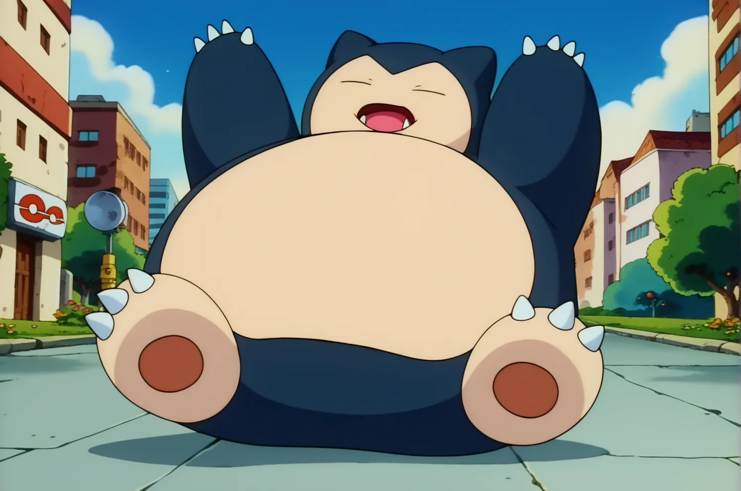 score_5, score_6, score_7, score_9, score_8_up, source_anime, pokemon, official style, retro, BREAK ,<lora:SnorlaxPony:0.9> ,snorlax, pokemon \(creature\), no humans,closed eyes, outdoors, solo, fangs, claws, city, day, full body, two-tone skin, background, pawpads, 3 toenails, 3 toes, 5 fingers,