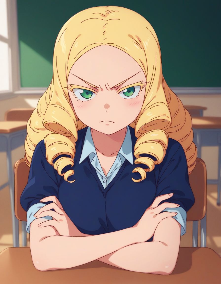 score_9,score_8_up,score_7_up, BREAK ( by ppp),  1girl,  blonde hair,  drill sidelocks  , tsundere , jewelry, green eyes, colored eyelashes, drill hair, ojou-sama , in a classroom, tables, chairs, solo,crossed arms, upper body , looking at viewer,