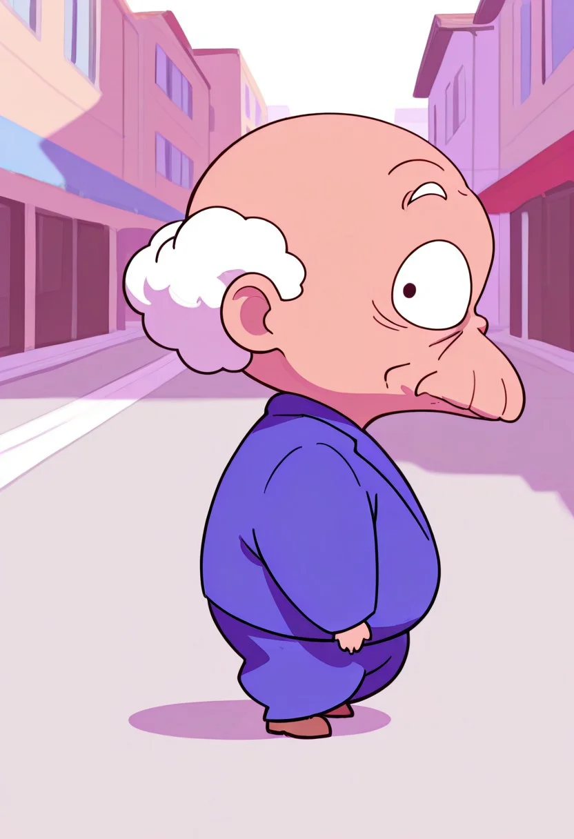 masterpiece,best quality, cartoon detailed background, 1boy, ((solo)), sxy5tyle, happosai, 1boy, old man, chibi, minion, bald, very short, 50cm tall, from side, facing_viewer, proud, standing, full body, action shot, in street, action shot, looking offscreen,