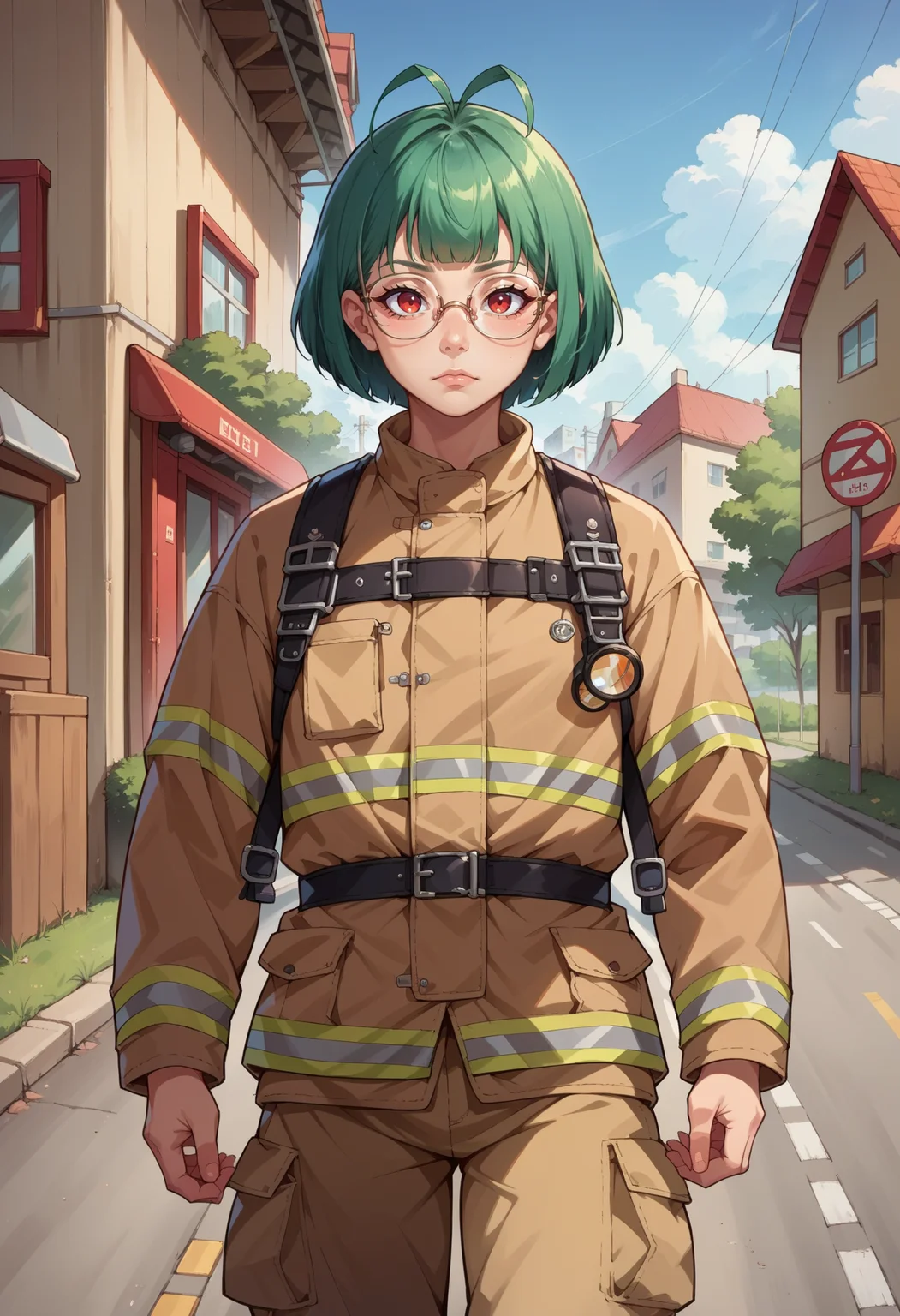 score_9, score_8_up, score_7_up, score_6_up, score_5_up, score_4_up, source_anime, 1girl, solo, looking at viewer, medium hair, green hair, antenna hair, bob cut, blunt bangs, sidelocks, red eyes, glasses, semi-rimless eyewear, detailed background, cowboy shot, EPFireFighter, <lora:EPFireFighterPony:1.0>, wearing EPFireFighter, jacket, brown jacket, pants, brown pants, harness, no headwear, road sign, street, house, building, cityscape,