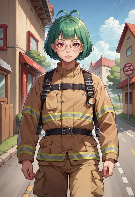 score_9, score_8_up, score_7_up, score_6_up, score_5_up, score_4_up, source_anime, 1girl, solo, looking at viewer, medium hair, green hair, antenna hair, bob cut, blunt bangs, sidelocks, red eyes, glasses, semi-rimless eyewear, detailed background, cowboy shot, EPFireFighter, <lora:EPFireFighterPony:1.0>, wearing EPFireFighter, jacket, brown jacket, pants, brown pants, harness, no headwear, road sign, street, house, building, cityscape,