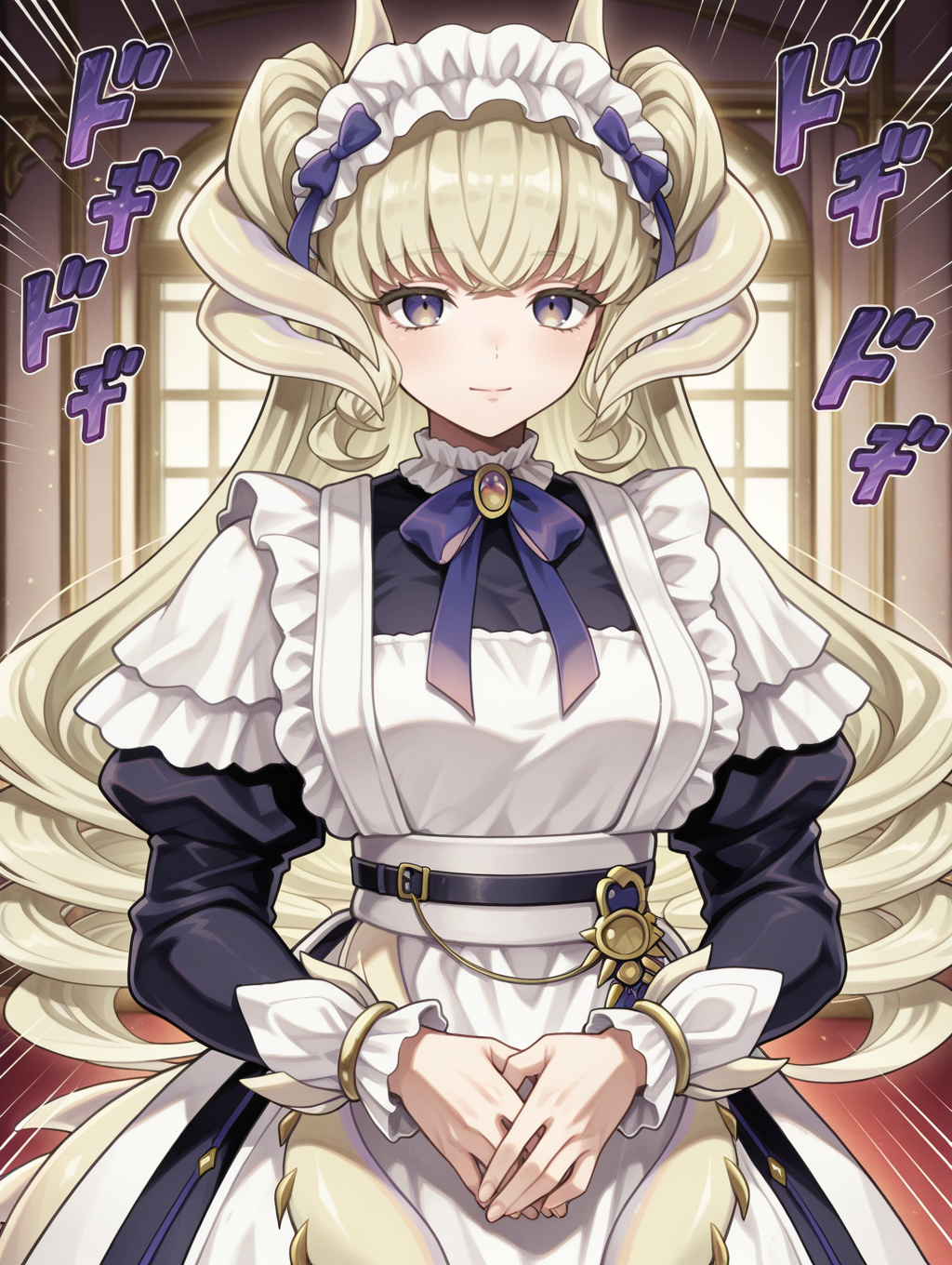 dragonmaid latys,1girl,solo,smile,looking at viewer,closed mouth,upper body,blue bow hairband,motion lines,blue maid dress,dragon girl,indoor,dressing room,(sound effects),own hands together,hands on own stomach,expressionless,facing viewer,jojo no kimyou na bouken,menacing \(jojo\),
masterpiece,best quality,amazing quality,very aesthetic,absurdres,newest,<lora:Dragonmaid latys illuXL v1:0.77>,