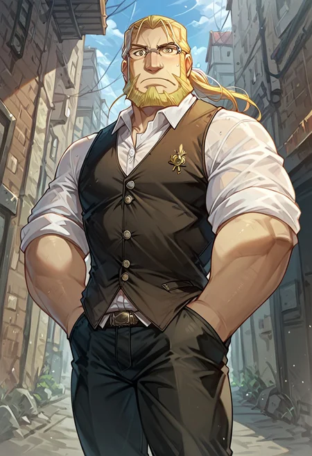 Distant view, score_9, score_8_up, score_7_up, score_6_up, score_5_up, score_4_up, 1boy, van_hohenheim, blonde hair in a ponytail, blonde beard, glasses, white shirt, brown vest, black trousers, brown boots, muscular, dark alley, walking, hands in pockets, looking at viewer, surprise