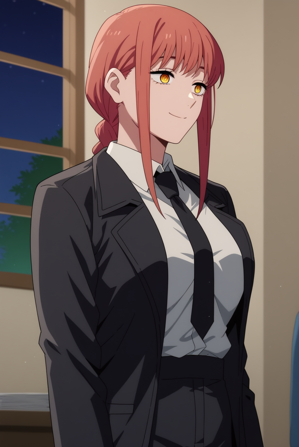 score_9, score_8_up, score_7_up, score_6_up, score_5_up, score_4_up, source_anime,anime screencap BREAK anime coloring,mature,makima,1girl,braided ponytail,solo,black necktie,collard shirt,shirt,white shirt,black suit,light smile,ringed eyes,indoors,office,night time,night, consistent background, <lora:Makima - PDXL.safetensors:0.8>