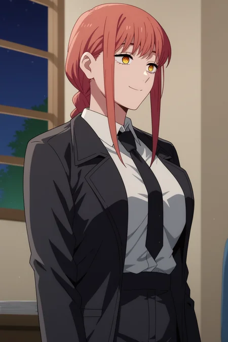 score_9, score_8_up, score_7_up, score_6_up, score_5_up, score_4_up, source_anime,anime screencap BREAK anime coloring,mature,makima,1girl,braided ponytail,solo,black necktie,collard shirt,shirt,white shirt,black suit,light smile,ringed eyes,indoors,office,night time,night, consistent background, <lora:Makima - PDXL.safetensors:0.8>