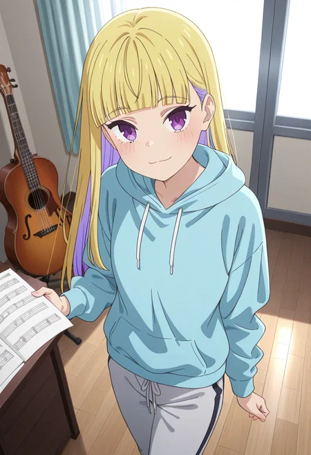 masterpiece,best quality,absurdres,perfect lighting,indoors, wooden floor, instrument,  sheet music, 
*//*,<lora:HealerGirl_ReimiItsushiro-Illustrious:1>,reimi_itsushiro,1girl,solo,blonde hair,long hair,colored inner hair,purple eyes,blunt bangs,sweatpants, hoodie,hood down,long sleeves, 
*//*,looking at viewer,cowboy shot,dutch angle,dynamic pose,light smile,