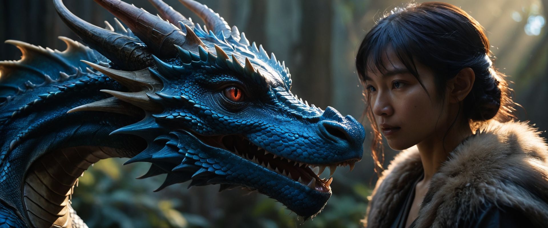 movie still photography of (ebony blue dragon's head protecting a blind young lady:1.3), (komodo snake hybrid:0.3), cinematic, epic, dramatic lighting, rim light, dim light, sinuous pose, veiny skin, subsurface scattering, sss, (intricate grooming furs with scales:1.7), bokeh effect,  dragon style post-production, irisation, fur, (mythical:1.2), (high resolution:1.2), (detailed scales:1.1), (vibrant colors:1.2), (fantasy realism:1.2), (impressive:1.1), golden eye focus, hyper realistic outdoor chapel, medieval, north men, dangerous, deep eyes, intricate , scary, highly detailed, digital painting, artstation, concept art, smooth, sharp focus, illustration, high budget, bokeh, cinemascope, moody, epic, gorgeous, RAW candid cinema, 14mm, color graded portra 400 film, remarkable color, ultra realistic, remarkable detailed pupils