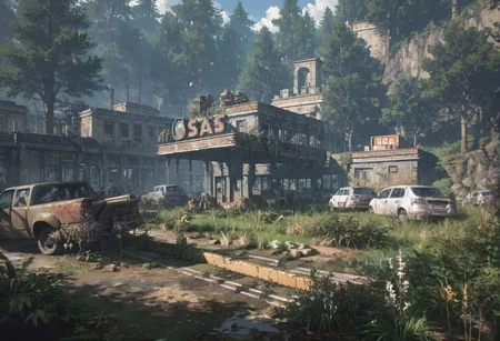 ,ruanyi0763,outdoors,tree,building,ruins,gas station,crowd,<lora:0763 post apocalypse_v1_pony:1>, score_9,score_8_up,score_7_up,,8k,1girl,solo,