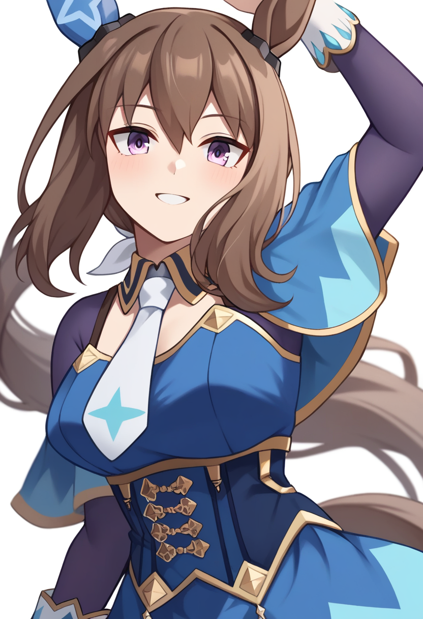 score_9,score_8_up,score_7_up,<lora:fumamusume_all:1>,1girl, admire_vega_\(umamusume\), blue_capelet, brown_hair, hair_ribbon, highres, horse_ears, horse_girl, long_hair, looking_at_viewer, purple_eyes, simple_background, smile, solo, upper_body, white_background, white_necktie, white_ribbon