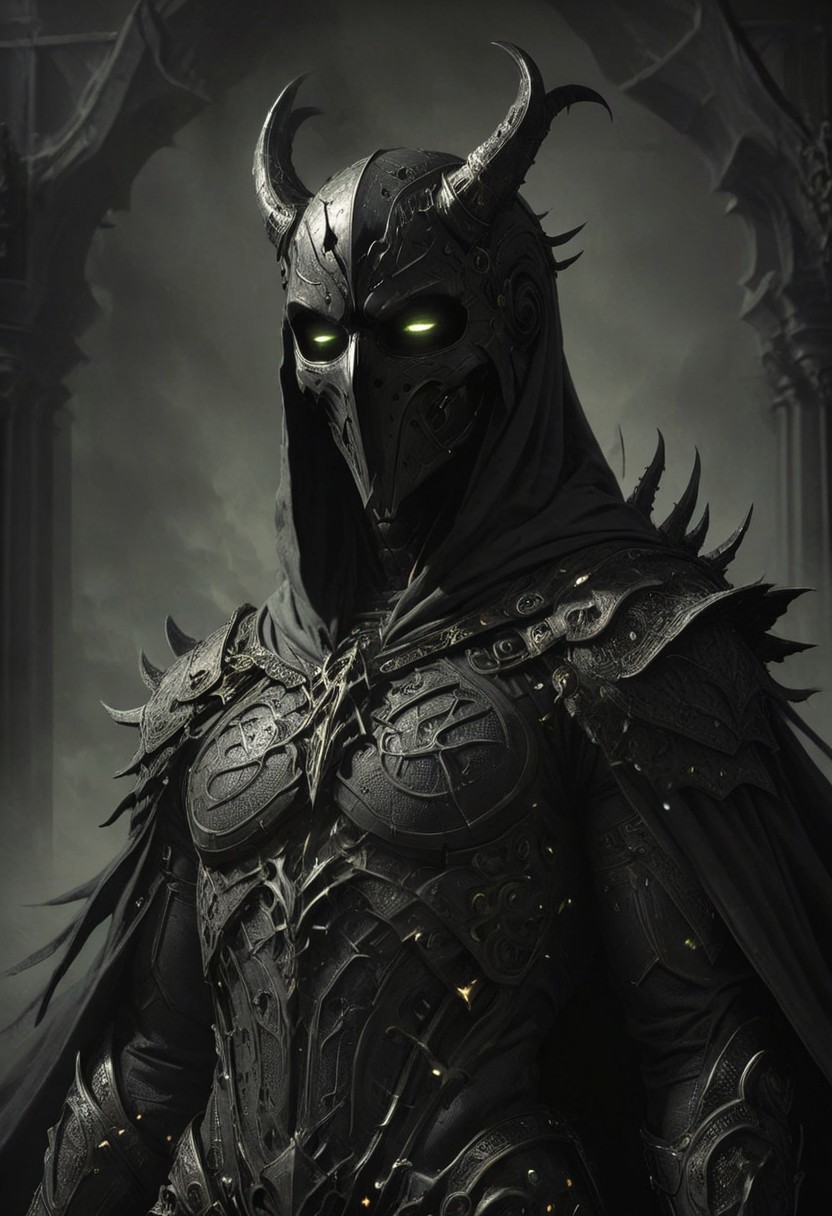 chiaroscuro, dark, a lone reaper of night, black serpents create a cloak of darkness, detailed intricate black gothic armor adorns his body, a hood obscures his face and eyes in black, deep shadows accompany him like phantoms, glowing runes, horns, low-key, nuclearhazard