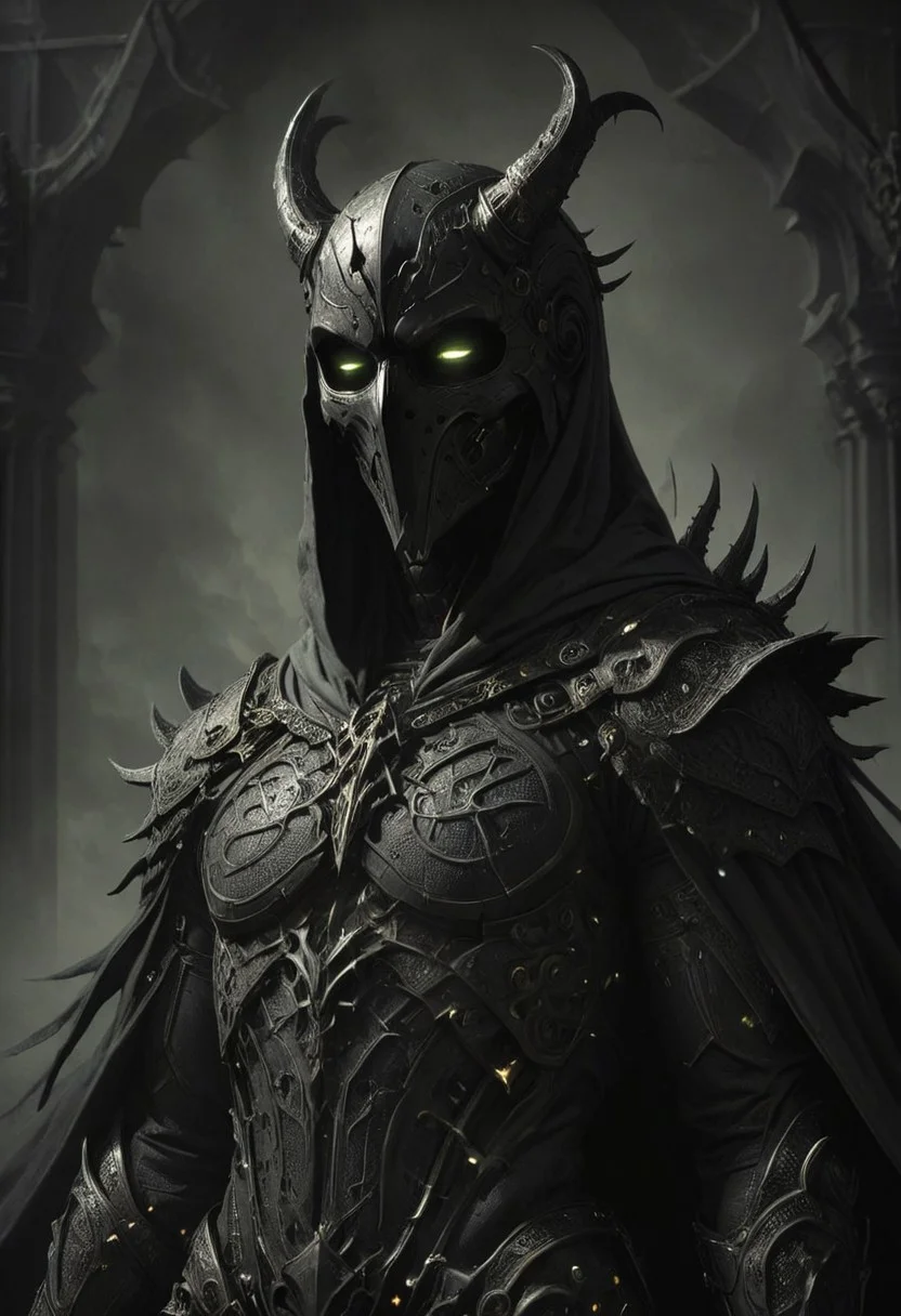 chiaroscuro, dark, a lone reaper of night, black serpents create a cloak of darkness, detailed intricate black gothic armor adorns his body, a hood obscures his face and eyes in black, deep shadows accompany him like phantoms, glowing runes, horns, low-key, nuclearhazard