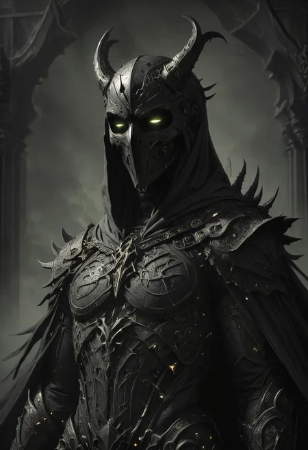 chiaroscuro, dark, a lone reaper of night, black serpents create a cloak of darkness, detailed intricate black gothic armor adorns his body, a hood obscures his face and eyes in black, deep shadows accompany him like phantoms, glowing runes, horns, low-key, nuclearhazard