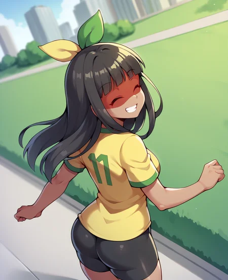 score_7_up, 1girl kuruminha, brazil soccer team yellow jersey, short sleeves, long hair, outdoors, looking back, bike shorts, grin, closed eyes, walking, dutch angle, foreshortening, hair ornament, from above, cityscape, blurry background, solo, park, curvy, happy, upper body
<lora:kuruminha-step00002400:0.8>
