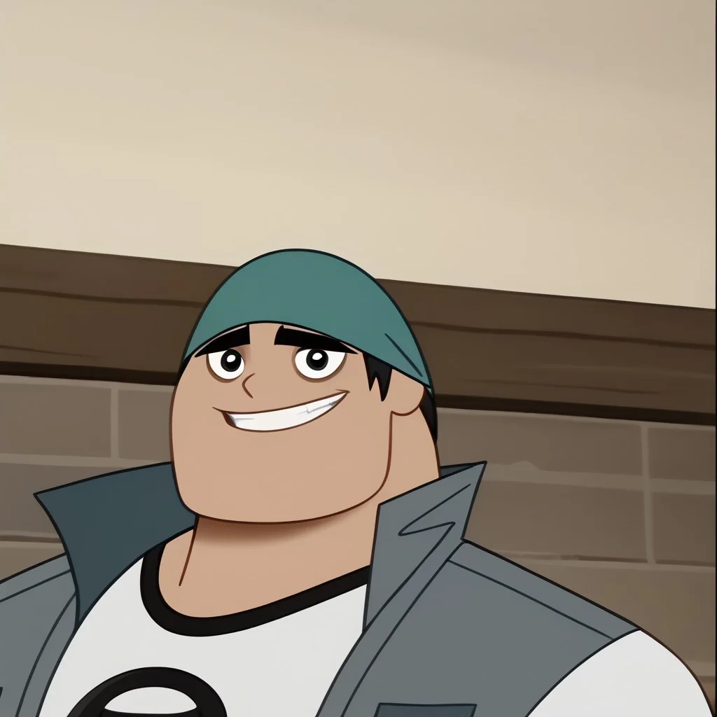 score_9, score_8_up, score_7_up BREAK BiffyD, 1boy, short black hair, black eyes, dark green brimless cap, open sleeveless gray jacket, short-sleeved white shirt with black accents, face view, face closeup, male, male focus, solo focus, alone, screenshot, official art, parody, cartoon footage, official design, screencap, cartoon screenshot, official screenshot, 2d, cartoon, source_cartoon, happy, smiling at viewer,