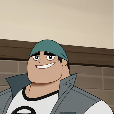 score_9, score_8_up, score_7_up BREAK BiffyD, 1boy, short black hair, black eyes, dark green brimless cap, open sleeveless gray jacket, short-sleeved white shirt with black accents, face view, face closeup, male, male focus, solo focus, alone, screenshot, official art, parody, cartoon footage, official design, screencap, cartoon screenshot, official screenshot, 2d, cartoon, source_cartoon, happy, smiling at viewer,