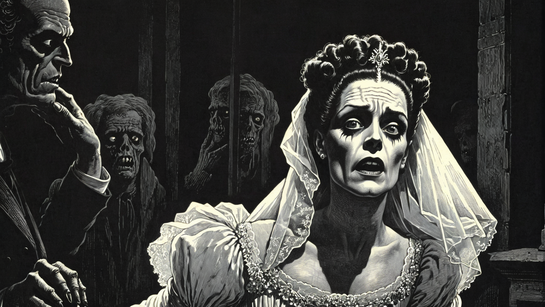 monochrome (woodcut illustration:1.2) in detailed gustavedore style, , crisp even lines, high contrast, Tenebrism
movie scene of The Bride of Frankenstein,  spooky, 
by gustave dore <lora:GustaveDore_StyleXLv6.1:0.5>  <lora:xl_more_art-full_v1:0.25> <lora:add-detail-xl:0.45>