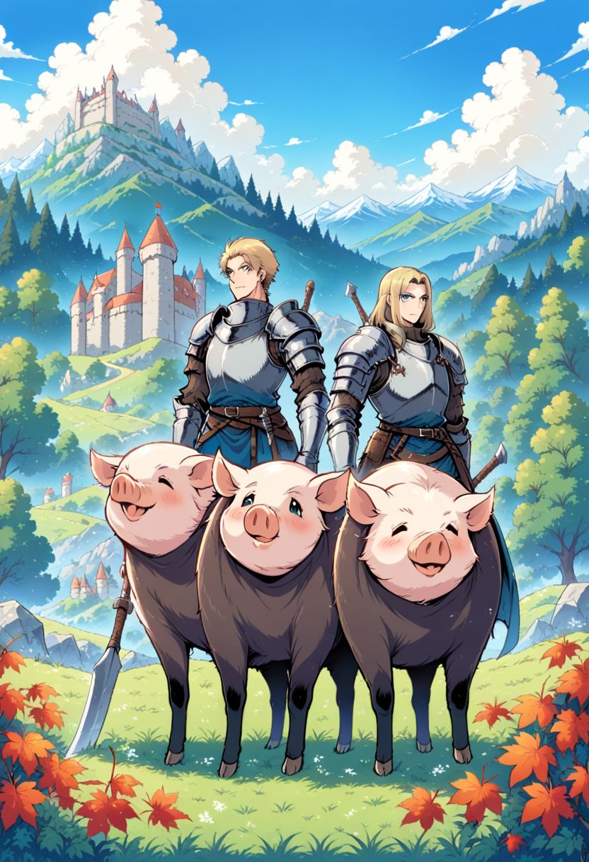 In summer, medieval warriors with tomahawks, pigs at their side, trees, snowy mountains, maple leaves, castles, the sky, clouds,