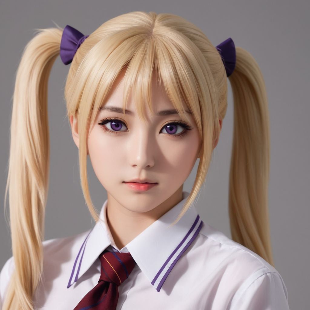 cinematic film still of  <lora:Chiaroscuro Lighting Style:0.8>Chiaroscuro Lighting Style
 <lora:BB_Kaori Saeki:0.2> Kaori Saeki blonde (((purpleeyes))) ((closeup))
Kaori Saeki a woman in a school uniform is posing,1girl,solo,long hair,blue eyes,skirt,blonde hair,simple background,long sleeves,white background,school uniform,pleated skirt,necktie,red skirt,blonde hair,long hair,eroge,anime,manga,nsfw,cartoon,Adult animation,explicit,Original video animation,Baiburu Burakku style,Bible Black style ,blonde hair, long hair, pony tail, eroge,anime,manga,nsfw,cartoon,Adult animation,explicit,Original video animation, Baiburu Burakku style, Bible Black style, school girl outfit, shallow depth of field, vignette, highly detailed, high budget, bokeh, cinemascope, moody, epic, gorgeous, film grain, grainy