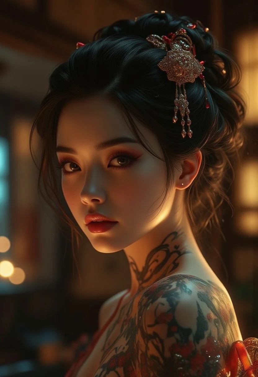 Create an over the shoulder portrait of a beautiful, Japanese woman, exposing her bare neck and shoulders, emphasizing the details of her skin, ornate hairpins, and intricate tattoos. She gazes directly at the viewer with an intense, alluring and sensual expression. Her flawless pale skin contrasts with the vibrant colors of her traditional Japanese tattoos, visible on her neck and shoulders. Her hair is elegantly pulled up, adorned with exquisite hairpins and jewelry that catch the soft, atmospheric light.
The portrait captures the sensuality reminiscent of artists like Luis Royo, focusing on delicate features and emotional depth. Kabuki makeup enhances her features: a white complexion, deep red lips, and subtly defined eyes that convey mystery and allure. The background is a softly blurred interior of a traditional Japanese setting, with warm, muted colors that complement her appearance and enhance the intimate mood.
The overall composition is highly detailed and realistic, with intricate textures and rich colors. Soft, dramatic lighting highlights the contours of her face and the intricate designs of her hairpins and tattoos. The mood blends serenity with subtle intensity, capturing beauty in an evocative and atmospheric portrait, (((ultra-realistic style))), realistic soft lighting, dark, eye-catching, atmospheric lighting, natural, shallow depth of field, (highlights: 0.8), high detail (dynamic, sincere, cinematic shot, film grain, bokeh, depth of field,