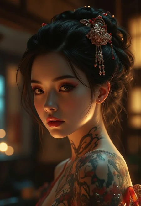 Create an over the shoulder portrait of a beautiful, Japanese woman, exposing her bare neck and shoulders, emphasizing the details of her skin, ornate hairpins, and intricate tattoos. She gazes directly at the viewer with an intense, alluring and sensual expression. Her flawless pale skin contrasts with the vibrant colors of her traditional Japanese tattoos, visible on her neck and shoulders. Her hair is elegantly pulled up, adorned with exquisite hairpins and jewelry that catch the soft, atmospheric light.
The portrait captures the sensuality reminiscent of artists like Luis Royo, focusing on delicate features and emotional depth. Kabuki makeup enhances her features: a white complexion, deep red lips, and subtly defined eyes that convey mystery and allure. The background is a softly blurred interior of a traditional Japanese setting, with warm, muted colors that complement her appearance and enhance the intimate mood.
The overall composition is highly detailed and realistic, with intricate textures and rich colors. Soft, dramatic lighting highlights the contours of her face and the intricate designs of her hairpins and tattoos. The mood blends serenity with subtle intensity, capturing beauty in an evocative and atmospheric portrait, (((ultra-realistic style))), realistic soft lighting, dark, eye-catching, atmospheric lighting, natural, shallow depth of field, (highlights: 0.8), high detail (dynamic, sincere, cinematic shot, film grain, bokeh, depth of field,