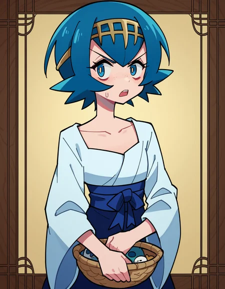 zPDXL, score_9, score_8_up, score_7_up, source_anime, 1girl, solo, absurdres, 4k, <lora:anapijama:0.8> anapijama, Pokemon, Lana, little girl, child, flat chest, blue hair, short hair, angry, archer_pose, geisha wearing a stunning tomesode kimono with formal black silk and subtle designs, adorned with auspicious symbols and motifs, elaborate white oshiroi foundation on face and neck, smooth and porcelain-like complexion makeup, lacquer kago basket with bamboo and rattan carried on her shoulder