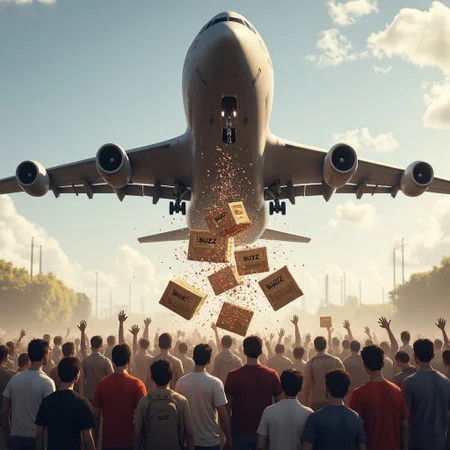 C-17 cargo plane flying over a crowd of hungry citizens. Crates are falling out of the plane down towards the citizens. the crates are labelled "BUZZ".