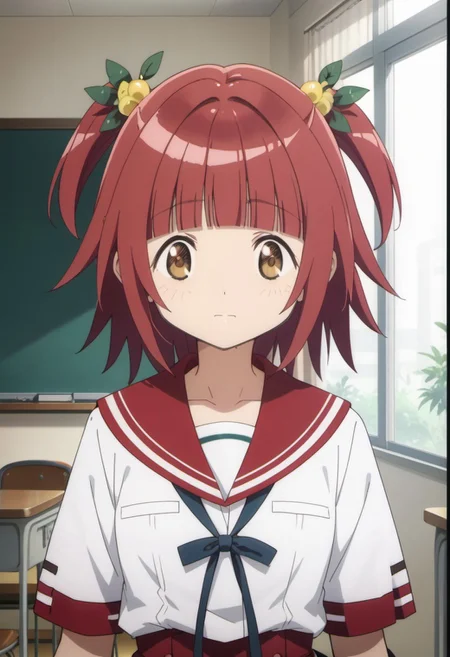 score_9, score_8_up, score_7_up, source_anime, akino kaede, red hair, brown eyes, short hair, 1girl, school uniform, solo, hair ornament, serafuku, two side up, blunt bangs, looking at viewer, anime coloring, indoors, sailor collar, fake screenshot, closed mouth, red sailor collar