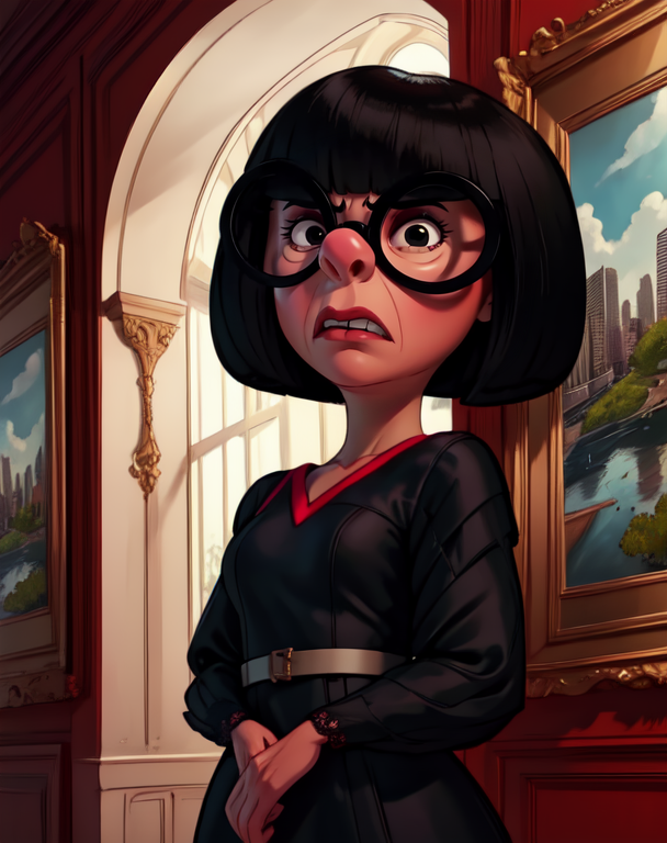 Edna,black bob cut,round black-framed eyewear,black eyes,blunt bangs,solo,looking at viewer,
upper body,black dress,red V-neck,large mansion,indoors,(angry:1.2),
standing,
(insanely detailed, beautiful detailed face,beautiful detailed eyes, masterpiece, best quality)  solo,<lora:Edna-10v6:0.9>,