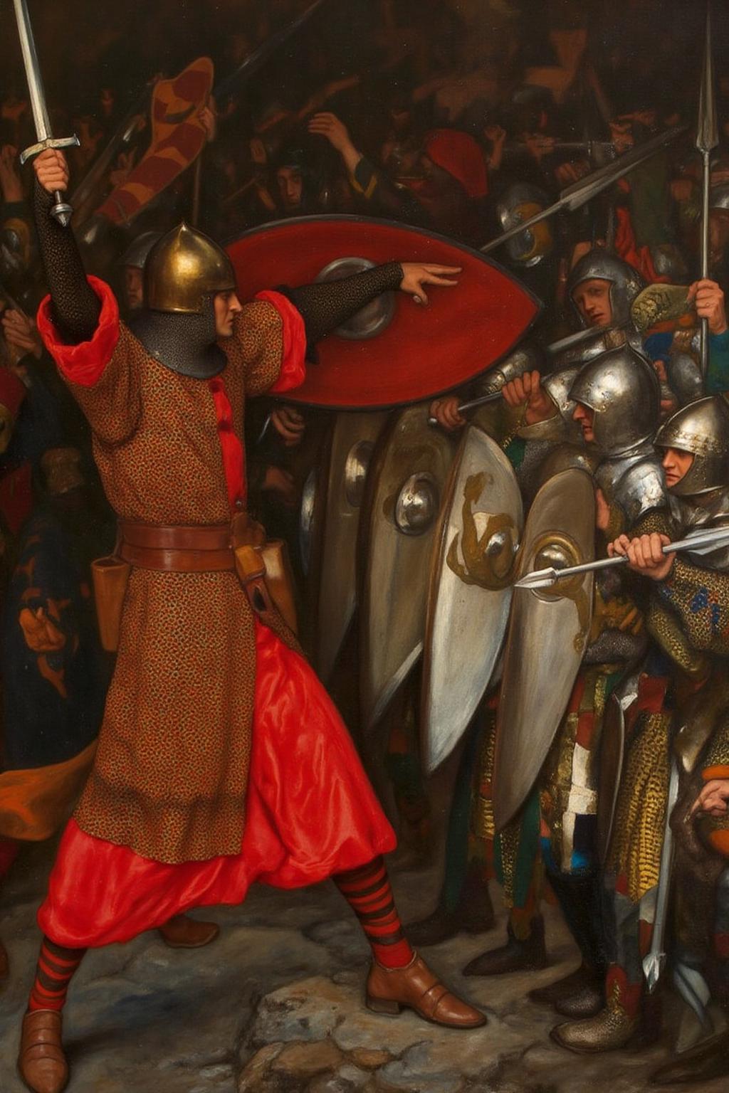 edwinabbey1 painting.
A medieval battle scene.  On the left is a knight, clad in a red tunic and brown leather armor, with a helmet adorned with a golden crest. He wields a raised sword, his face obscured by the helmet, and his left arm holds a shield with a red and white checkered pattern.  On the right is a group of knights holding their shields and attacking with their spears <lora:edwinabbey1_cap_d6a3:1.0><lora:837011748142728965:0>