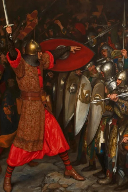 edwinabbey1 painting.
A medieval battle scene. On the left is a knight, clad in a red tunic and brown leather armor, with a helmet adorned with a golden crest. He wields a raised sword, his face obscured by the helmet, and his left arm holds a shield with a red and white checkered pattern. On the right is a group of knights holding their shields and attacking with their spears <lora:edwinabbey1_cap_d6a3:1.0><lora:837011748142728965:0>