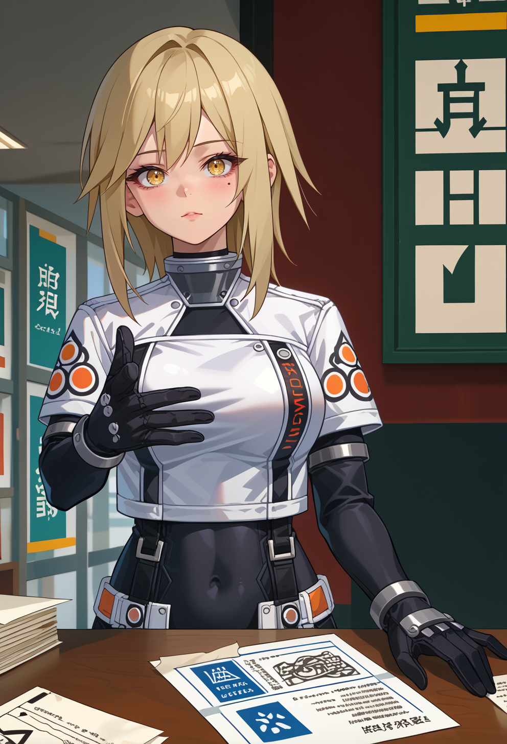 score_9, score_7_up, source_anime, solo, BREAK <lora:AEKylie:0.9> AEKylie, yellow eyes, blonde hair, medium hair, sidelocks, mole under eye, black bodysuit, covered navel, cropped jacket, white jacket, short sleeves, black gloves,
<lora:EminemThrowingMeme_pdxl_Incrs_v1:1> EminemThrowingMeme, motion lines, motion blur, throwing || (throwing object:1.2), paper, certificate, marriage certificate \(object\), (throwing paper:1.2),