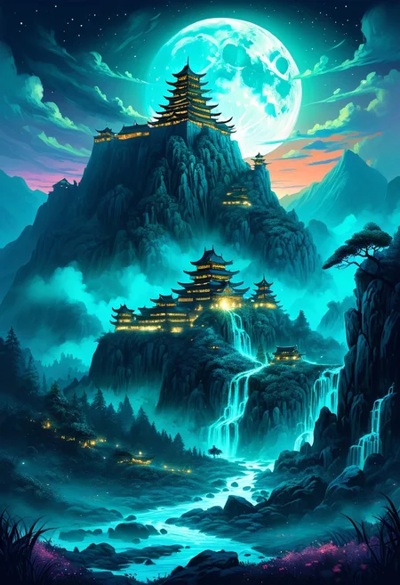 (by Ellen Jewett:1.5), (Bioluminescent Impressionism, alien mountain landscape , The Dreamland, A captivating night scene illustration featuring a Korean castle base on a great great mountain. The great castle stands proudly on the great great mountain. This enchanting artwork captures a dark but comforting night, where a brilliant moon hangs above and over the great valley and great Korean castle in Korea which stands resolute amidst the great mountains, creating a cinematic experience., space_backround, illustration, cinematic
<lora:DonM3t3rn1tyXL-v1.1:0.7>, DonM3t3rn1tyXL,
OverallDetailXL <lora:MJ52:0.3> <lora:SDXLFaeTastic2400:0.4> <lora:EpicF4nta5yXL:0.7>. great beams of light shooting up into the sky, sky sunset, sunrise ,waterfall, ethereal landscapes, depth of field, biotech emotion:1.3) <lora:xl_more_art-full_v1:0.5> <lora:add-detail-xl:1> <lora:RMSDXL_Creative:2>