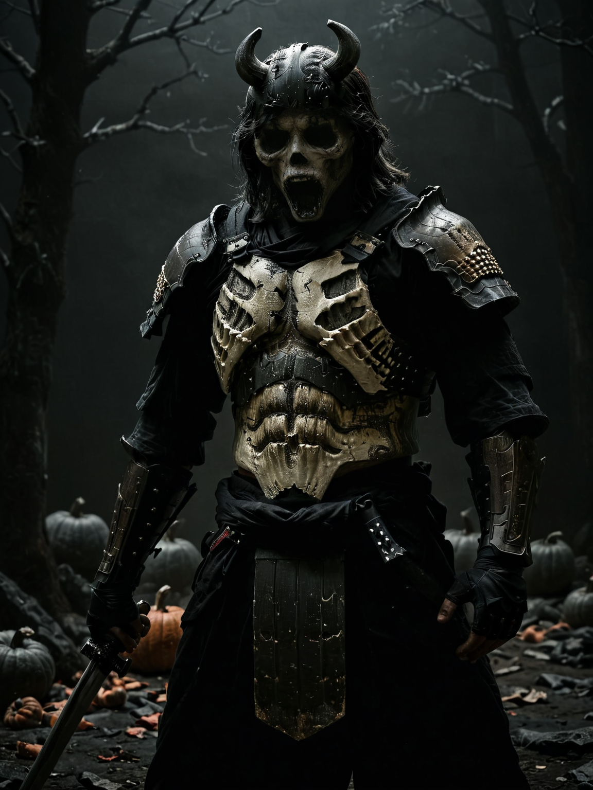 (wide angle photography:1.2), (whole body:1.5), shot, (full body photo:1.1), realistic analog photo, night time, midnight, dark, darkness, ghost vibes,
zombie samurai in [destroyed:torn:0.5] armor, Ghostface Baller face, (dark shot:1.17), epic realistic, faded, ((neutral colors)), art, (hdr:1.5), (muted colors:1.2), hyperdetailed, (artstation:1.5), cinematic, warm lights, dramatic light, (intricate details:1.1), complex background, (rutkowski:0.8), (teal and orange:0.4),(visible decaying skeleton ribs on chest:1.3), torso bone, ((full body:1.9)), by Blizzard entertainment, (massive armor) with pumpkin symbols on plates, big armor, (large samurai armor:1.9), wearing samurai helmet, low light, facing camera, big muscles, muscled body, badass, badass style, steam punk, lot of details, detailed armor, large shoulders, large arms, large, limbs, half side portrait, ((dark background)), (night time), dark shadow, katana on his back, yoroi armor, pumpkins in background, halloween, abandonned decaying samurai village in background,
, (mysterious atmosphere:1.1), (low luminosity:1.2), in the dark, obscurity, (mist:1.3), 
, realistic, depth of field, highres, 4k, 8k, intricate detail, amazing quality, wallpaper, <lora:RMSDXL_Enhance:1>, <lora:perfect-eyes:0.8> <lora:001-Ghst:1> <lora:bonex:1> <lora:dark:0.5><lora:RMSDXL_Darkness_Cinema:1> <lora:Into_Darkness:0.8>, realistic skin texture, detailed skin pores, skin hair, skin looks real, hi rez skin details