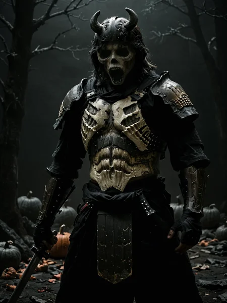 (wide angle photography:1.2), (whole body:1.5), shot, (full body photo:1.1), realistic analog photo, night time, midnight, dark, darkness, ghost vibes,
zombie samurai in [destroyed:torn:0.5] armor, Ghostface Baller face, (dark shot:1.17), epic realistic, faded, ((neutral colors)), art, (hdr:1.5), (muted colors:1.2), hyperdetailed, (artstation:1.5), cinematic, warm lights, dramatic light, (intricate details:1.1), complex background, (rutkowski:0.8), (teal and orange:0.4),(visible decaying skeleton ribs on chest:1.3), torso bone, ((full body:1.9)), by Blizzard entertainment, (massive armor) with pumpkin symbols on plates, big armor, (large samurai armor:1.9), wearing samurai helmet, low light, facing camera, big muscles, muscled body, badass, badass style, steam punk, lot of details, detailed armor, large shoulders, large arms, large, limbs, half side portrait, ((dark background)), (night time), dark shadow, katana on his back, yoroi armor, pumpkins in background, halloween, abandonned decaying samurai village in background,
, (mysterious atmosphere:1.1), (low luminosity:1.2), in the dark, obscurity, (mist:1.3), 
, realistic, depth of field, highres, 4k, 8k, intricate detail, amazing quality, wallpaper, <lora:RMSDXL_Enhance:1>, <lora:perfect-eyes:0.8> <lora:001-Ghst:1> <lora:bonex:1> <lora:dark:0.5><lora:RMSDXL_Darkness_Cinema:1> <lora:Into_Darkness:0.8>, realistic skin texture, detailed skin pores, skin hair, skin looks real, hi rez skin details