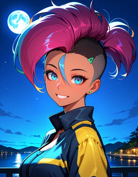 masterpiece, best quality, very aesthetic, absurdres,
outdoors, night, night sky, full moon,
upper body,
happy, long eyelashes,
short jacket,
<lora:Moika_v01_NAIXL:1>,
M01ka,1girl,solo,multicolored hair,ponytail,mohawk,undercut,hair ornament,earrings,blue eyes,chocker,dark-skinned female,