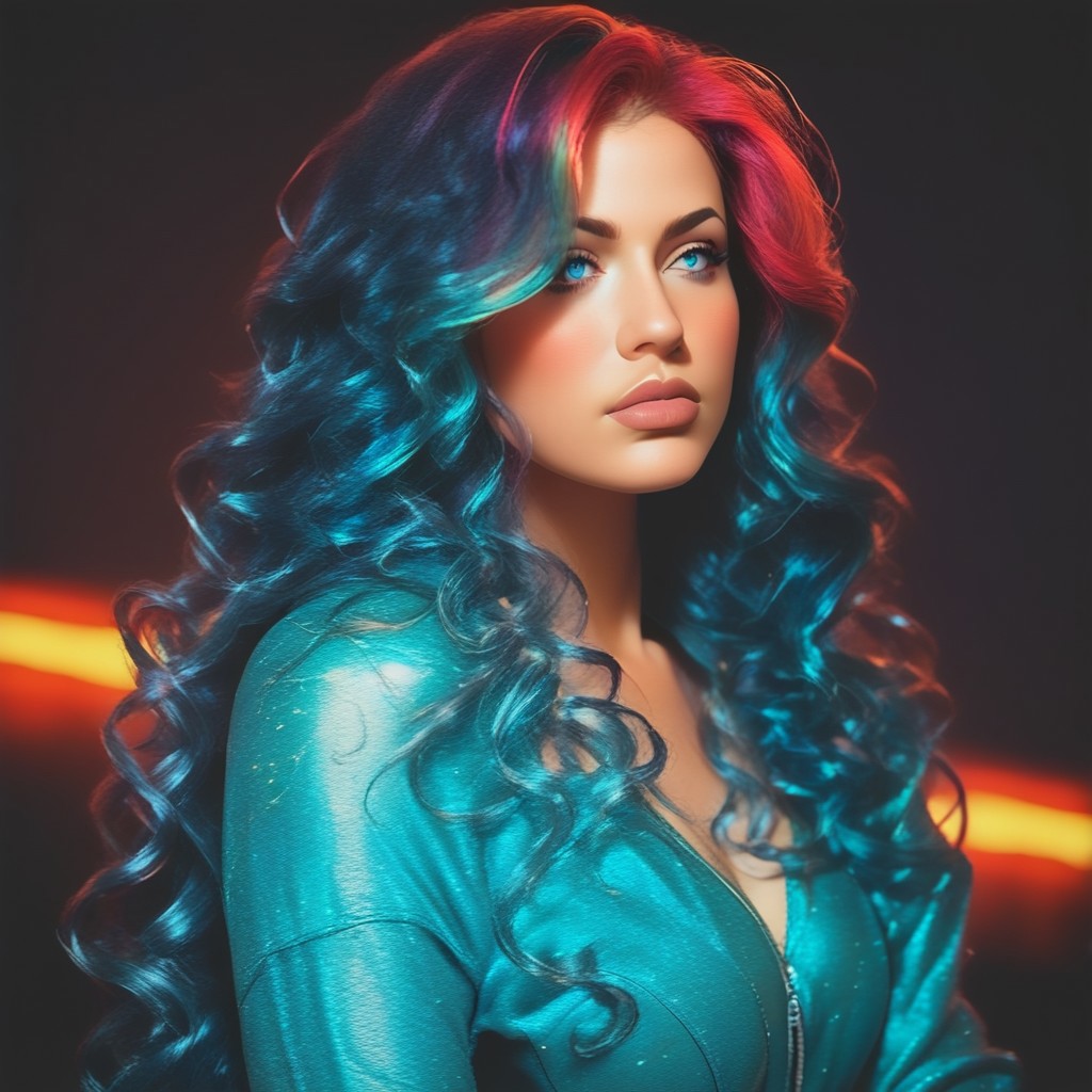 score_9, score_8_up, score_7_up, score_6_up, score_5_up, score_4_up score_9,score_8_up,  3D rendering, female character, caucasian, tall, blue eyes, (full body), digital art, bright colors, high contrast, darkness, night time, indoor, Dutch angle, photorealistic, from side, looking away, (B@ddie Clothing:1.5) (long wavy hair, g41xy hair, gradient g41xy:1.5), graphic rainbow cateye eyeliner, high-resolution image, night time, dramatic lighting, nightclub, shallow depth of field, colored DJ lights, chiaroscuro, lowcut,