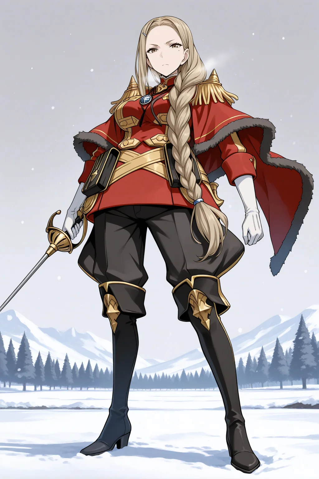 masterpiece, best quality, 1girl, solo, <lora:vcaudrey-illu-nvwls-v1-000006:1> vcaudrey, light blonde hair, single braid, hair over shoulder, very long hair, brown eyes, mole under eye, large breasts, hairclip, red capelet, fur-trimmed capelet, epaulettes, red uniform, red jacket, gold trim, white gloves, , black pants, black boots, thigh boots, full body, holding rapier, serious, snow, grey sky, looking at viewer, closed mouth