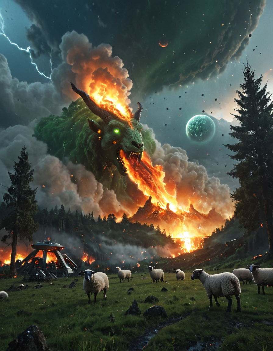 <lora:SW01v1-5xl:1> sw01p_illus, EFFD02, imagination, epic world, clouds, halos of light in the darkness of space, fire, sheep in a field, bokeh, fantasy, T8 trees, green, forest, scenery, landscape, blue, high waves, T10, motion, spacecraft, cyberpunk building, mist, sunset, sea, mountain, storm, wet, thunder, huge hell monster,